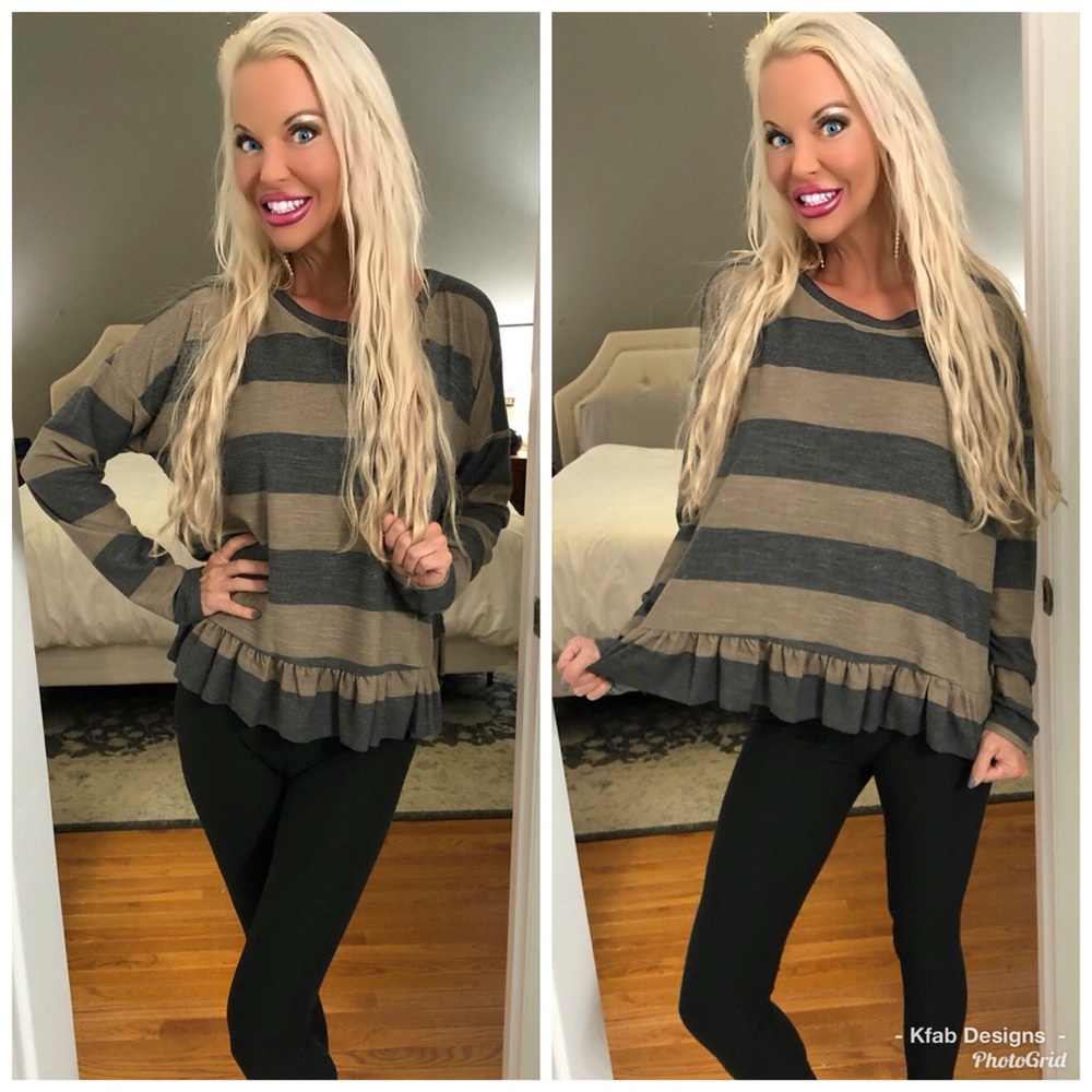❤️LAST 1! mocha/gray striped ruffle top! - Picture 1 of 4